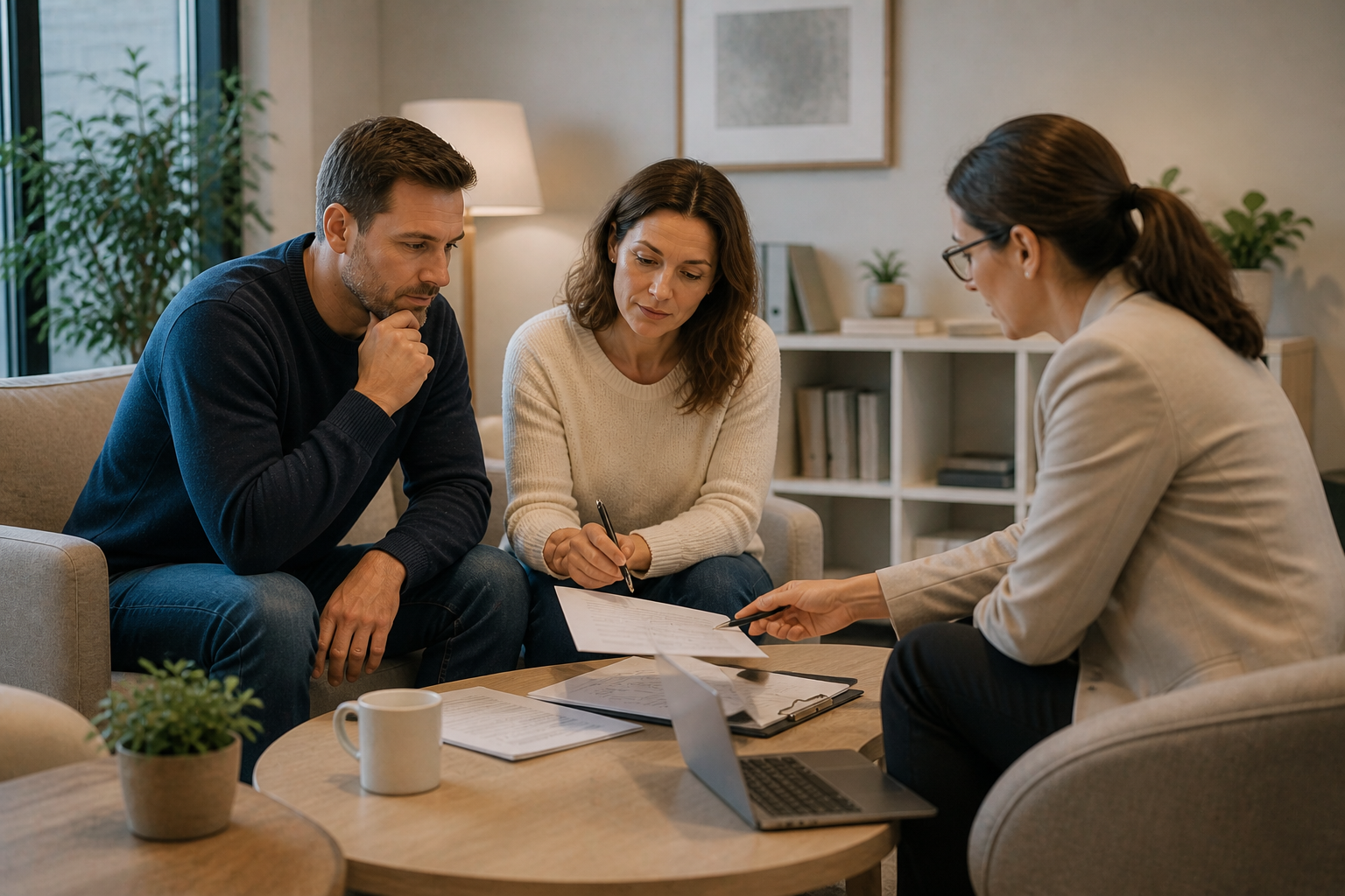 A family sitting together and talking in a calm way, with a mediator supporting the conversation